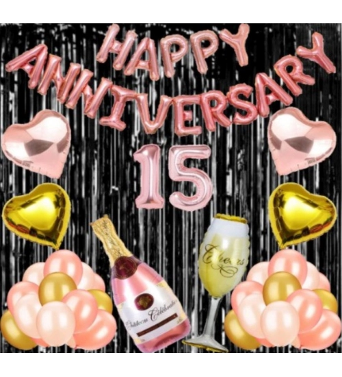 15Th Anniversary Rose Gold Foil Balloons With Happy Decoration Items Set (Rose Gold)