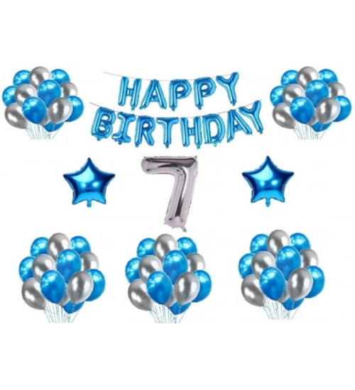 7Th Happy Birthday Decoration Combo With Foil And Star Balloons (Blue, Silver)