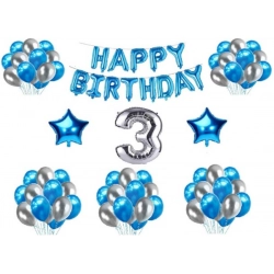 3Rd Happy Birthday Decoration Combo With Foil And Star Balloons (Blue, Silver)