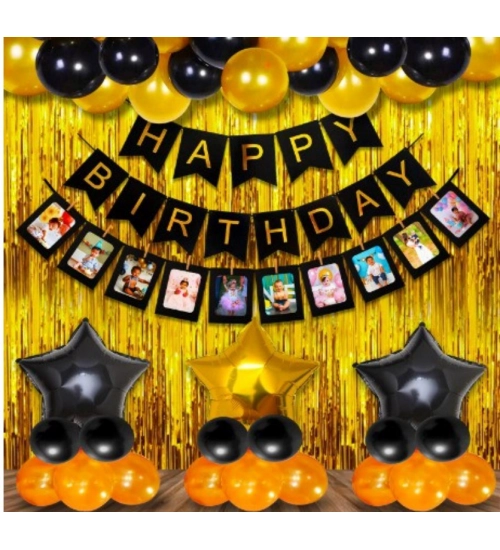 Happy Birthday Decoration Combo Of Curtain And Metallic And Foil Balloons (Multicolor)