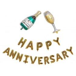 Happy Anniversary Alphabet Foil Balloon Combo With Bottle And Cheersglass Balloons (Multicolor)