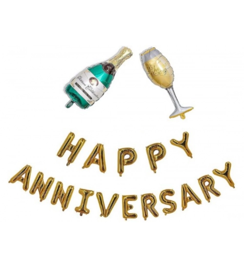 Happy Anniversary Alphabet Foil Balloon Combo With Bottle And Cheersglass Balloons (Multicolor)