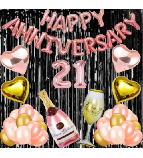 21St Anniversary Rose Gold Foil Balloons With Happy Decoration Items Set (Rose Gold)