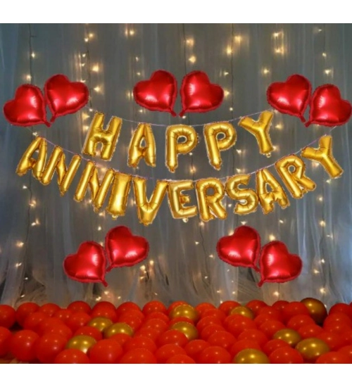 Red And Golden Happy Anniversary Decorations Set Of Metallic Balloons (Multicolor)