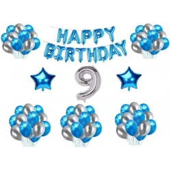 9Th Happy Birthday Decoration Combo With Foil And Star Balloons (Blue, Silver)