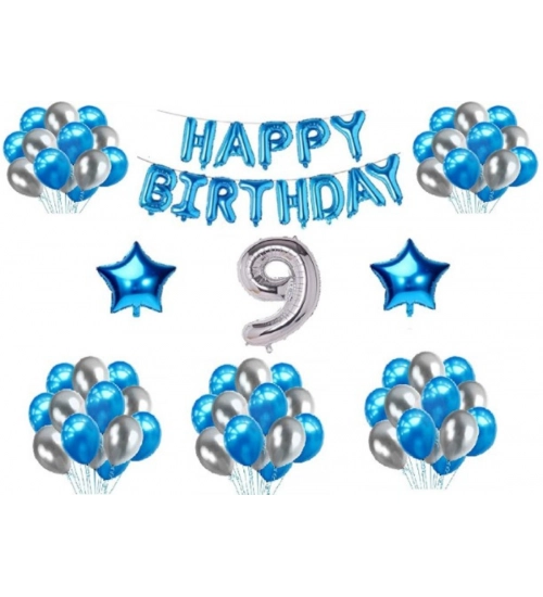 9Th Happy Birthday Decoration Combo With Foil And Star Balloons (Blue, Silver)