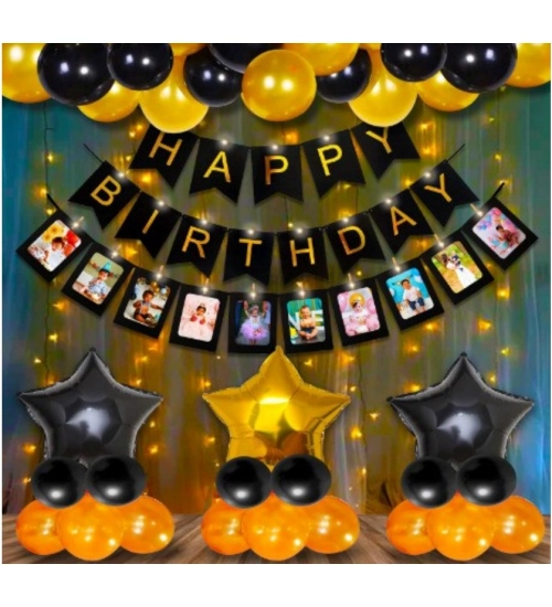 Happy Birthday Decoration Combo Of Foil Curtain, Banner And Balloons (Multicolor)