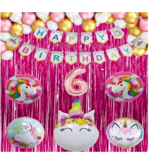 6Th Happy Birthday Decoration Combo With Unicorn Foil Balloon (Pink)