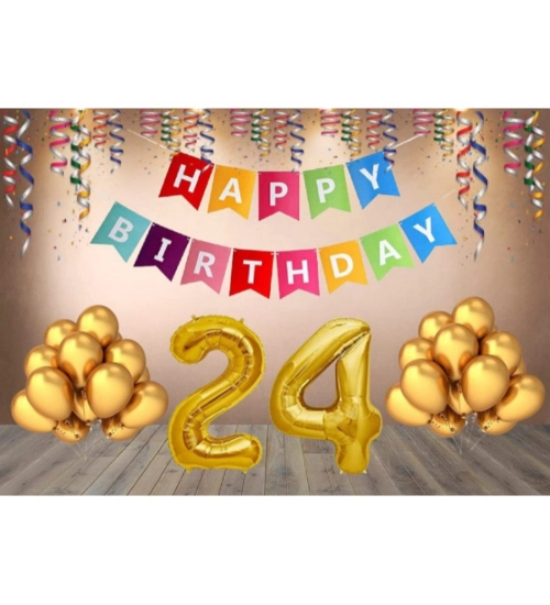 24Th Happy Birthday Decoration Combo With Multi Color Banner (Golden)