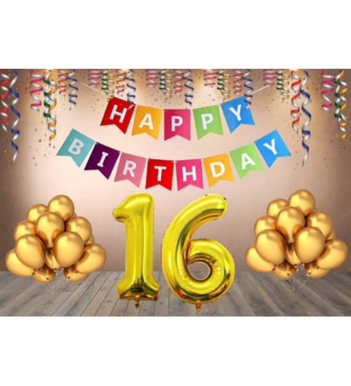16Th Happy Birthday Decoration Combo With Multi Color Banner (Multicolor)