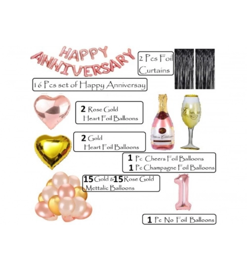 1St Anniversary Rose Gold Foil Balloons With Happy Decoration Items Set (Multicolor)