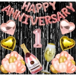 1St Anniversary Rose Gold Foil Balloons With Happy Decoration Items Set (Multicolor)