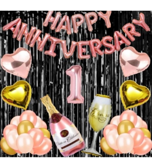 1St Anniversary Rose Gold Foil Balloons With Happy Decoration Items Set (Multicolor)