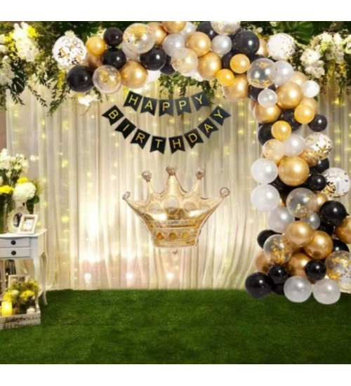 Black Gold Birthday Party Decoration Set Of Banner And Balloons (Multicolor)