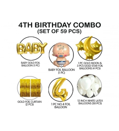 4Th Birthday Decoration Combo Of No 4 Balloons, Foil And Metallic Balloons (Golden)