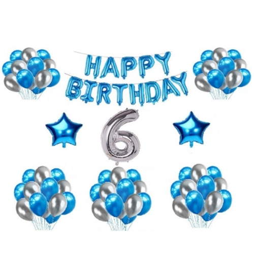 6Th Happy Birthday Decoration Combo With Foil And Star Balloons (Blue, Silver)