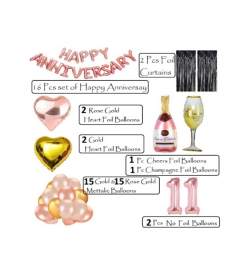 11Th Anniversary Rose Gold Foil Balloons With Happy Decoration Items Set (Rose Gold)
