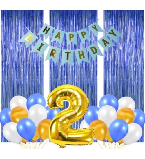 2Nd Birthday Decoration Combo Of No 2 Foil Balloons, Banner, Balloons And Curtain (Multicolor)