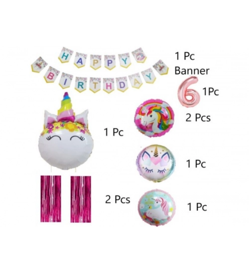 6Th Happy Birthday Decoration Combo With Unicorn Foil Balloon (Pink)