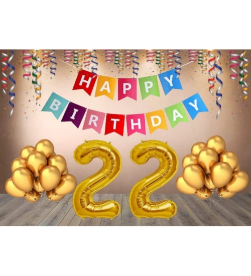 22Nd Happy Birthday Decoration Combo With Multi Color Banner (Golden)