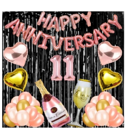11Th Anniversary Rose Gold Foil Balloons With Happy Decoration Items Set (Rose Gold)