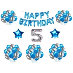 5Th Happy Birthday Decoration Combo With Foil And Star Balloons (Blue, Silver)