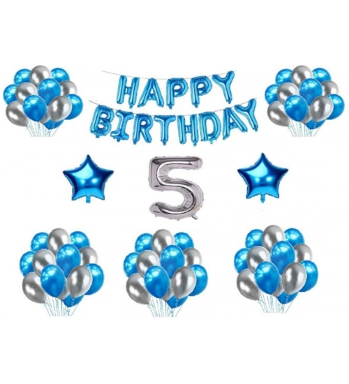 5Th Happy Birthday Decoration Combo With Foil And Star Balloons (Blue, Silver)