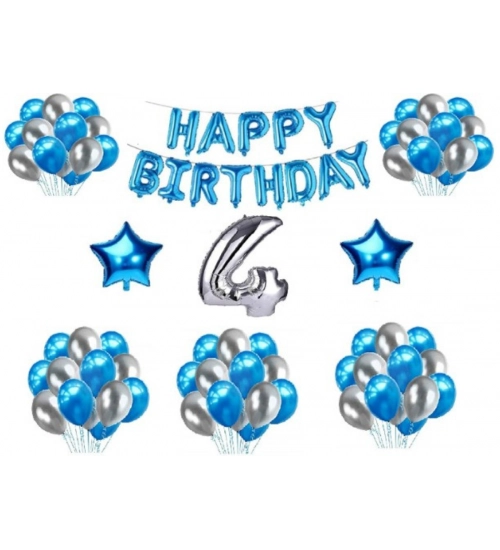 4Th Happy Birthday Decoration Combo With Foil And Star Balloons (Blue, Silver)
