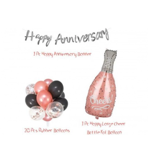 Happy Anniversary Decoration Set Cheer Bottle And Foil Balloons (Rose Gold)