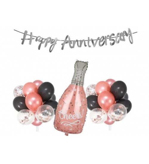 Happy Anniversary Decoration Set Cheer Bottle And Foil Balloons (Rose Gold)