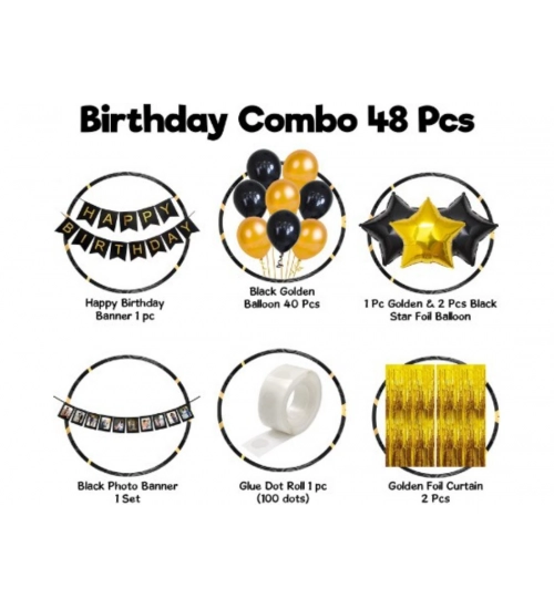 Happy Birthday Decoration Combo Of Curtain And Metallic And Foil Balloons (Multicolor)