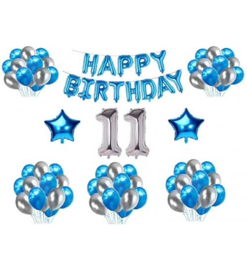 11Th Happy Birthday Decoration Combo With Foil And Star Balloons (Blue, Silver)