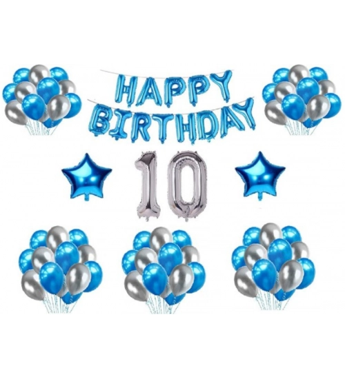 10Th Happy Birthday Decoration Combo With Foil And Star Balloons (Blue, Silver)