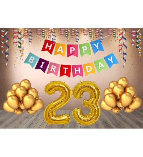 23Rd Happy Birthday Decoration Combo With Multi Color Banner (Golden)