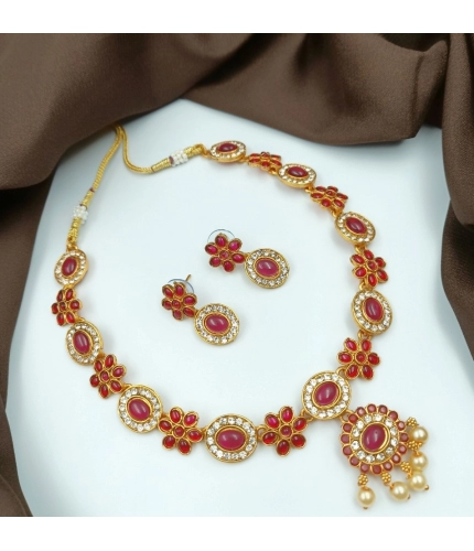 Women's Gold Plated Traditional Necklace and Earrings Set (Red, Free Size)