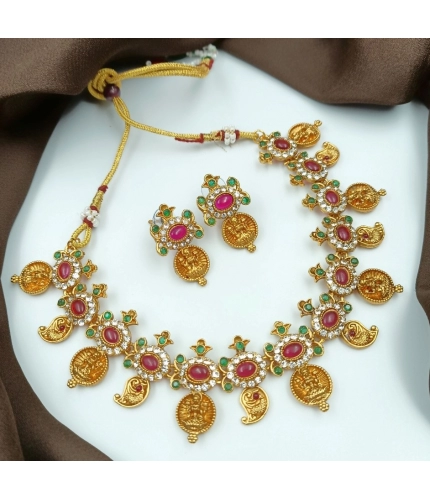 Women's Gold Plated Traditional Necklace and Earrings Set (Multi Color, Free Size)