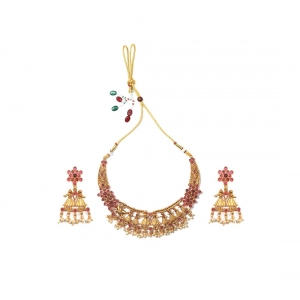 Generic Women's Temple Elegance Gold Plated Necklace and Earrings Set (Red, Free Size)