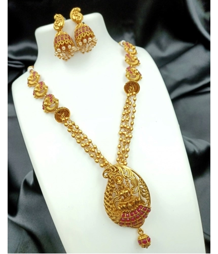 Women's Gold Plated Necklace and Earrings Set with Antique Finish (Red, Free Size)