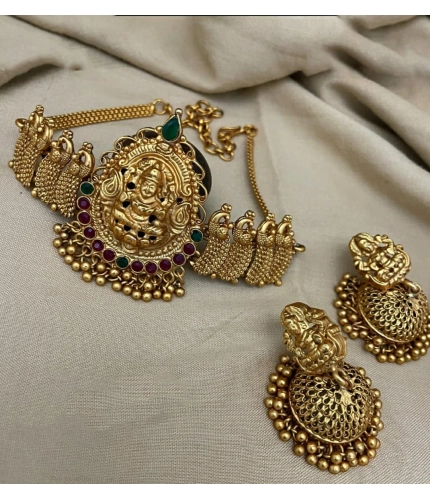 Women's Traditional Temple Necklace and Earrings Set in Gold (Multi Color, Free Size)