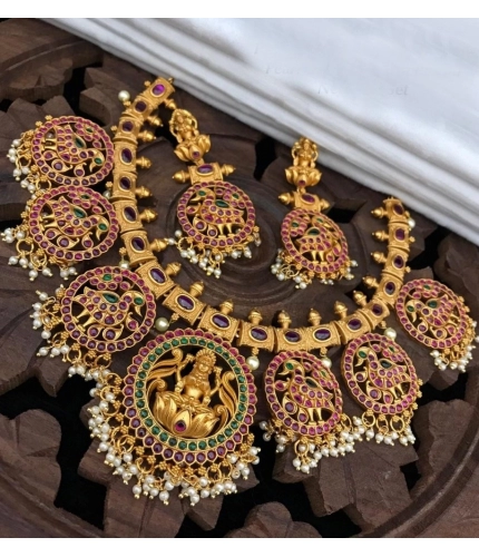 Women's Goddess Glamour Gold Plated Temple Necklace and Jhumka Set (Multi Color, Free Size)