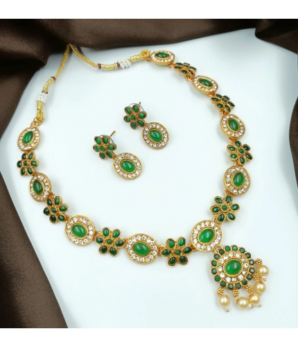 Women's Temple Elegance Gold Plated Necklace and Earrings Set (Green, Free Size)