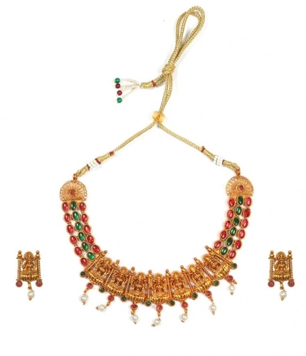 Women's Temple Necklace and Earrings Set in Gold Plating (Multi Color, Free Size)