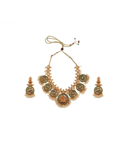Women's Goddess Glamour Gold Plated Temple Necklace and Jhumka Set (Green, Free Size)