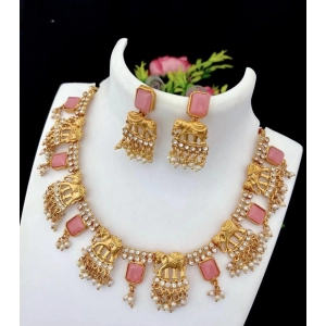 Generic Women's Gold Plated Temple Necklace and Necklace and Earrings Set (Pink, Free Size)