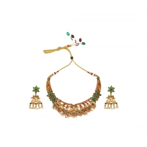 Generic Women's Gold Plated Temple Necklace and Earrings Set (Green, Free Size)