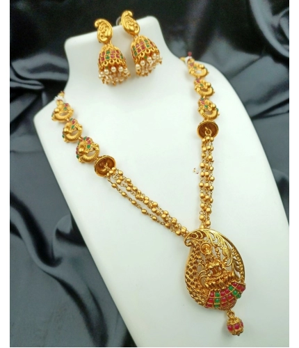 Women's Traditional Temple Necklace and Earrings Set in Gold (Multi Color, Free Size)