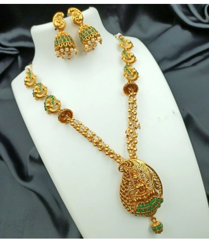 Women's Traditional Temple Necklace and Earrings Set in Gold (Green, Free Size)