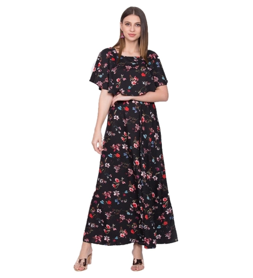 Women's Crepe Floral Half Sleeves Full Length Gown(Black)
