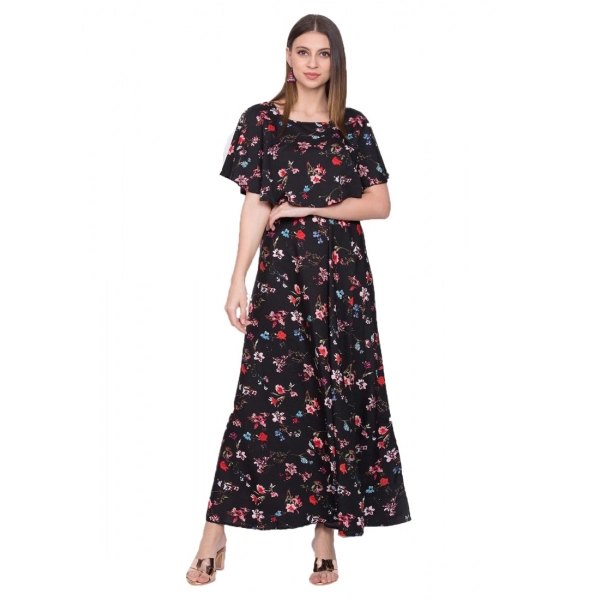 Dropship Women's Crepe Floral Half Sleeves Full Length Gown(Black)