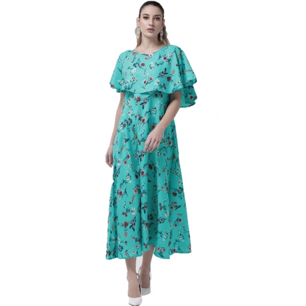 Dropship Women's Crepe Floral Half Sleeves Full Length Gown(Turquoise)